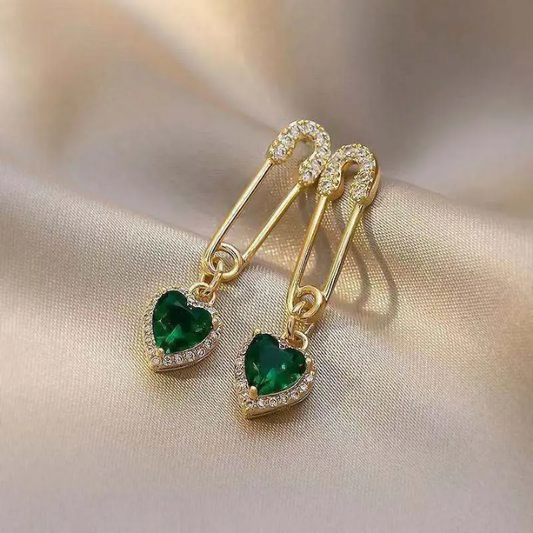 Emerald Heart Charm Pin Earrings