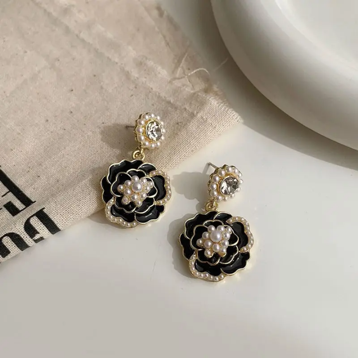 Noir Bloom Pearl Drop Earrings