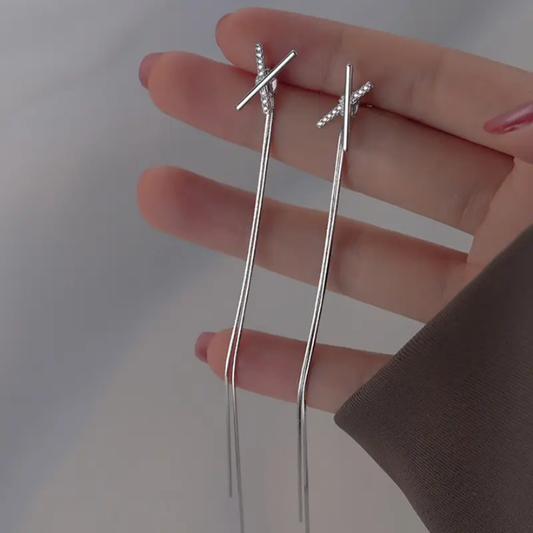 Silver Luxe Cross-Line Drop Earrings