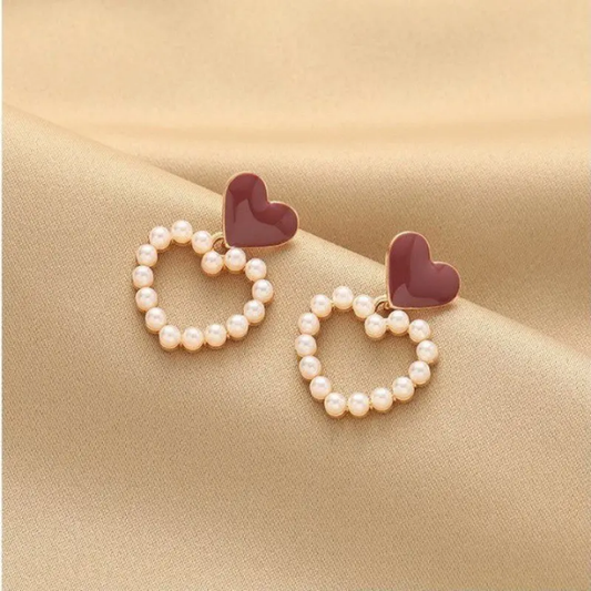Crimson Pearl Heart Drop Earrings