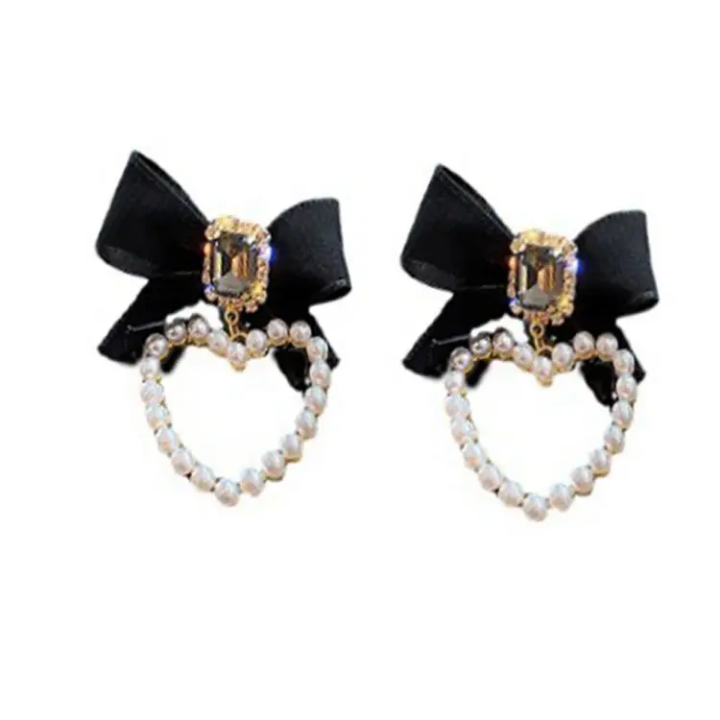 Midnight Bow Pearl Heart Earrings