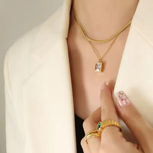 Layered Herringbone Chain Necklace with Rectangle Crystal Pendant