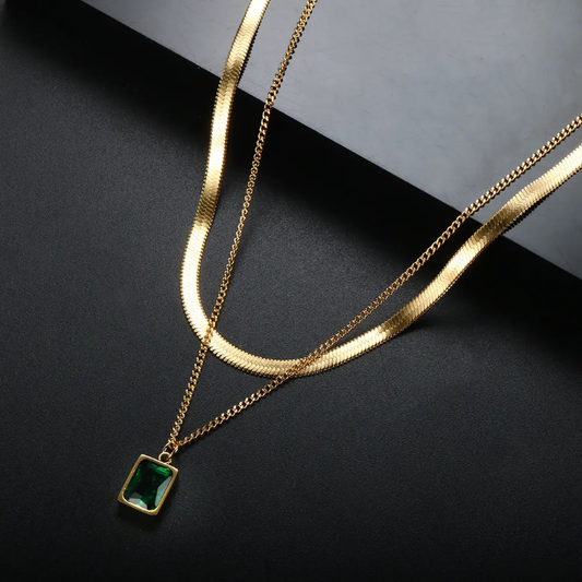 Layered Herringbone Chain Necklace with Square Green Pendant