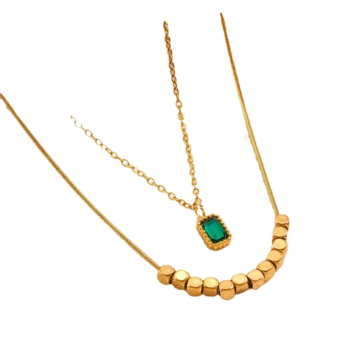 Layered Curve Bead Necklace with Emerald-Cut Pendant