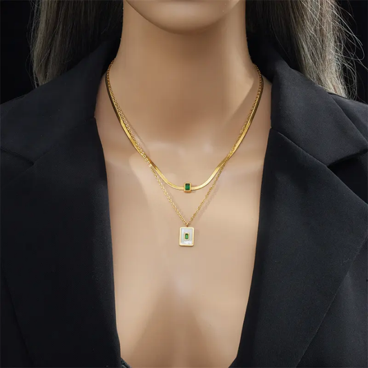 Layered Herringbone Chain Necklace with Minimal Tag Pendant
