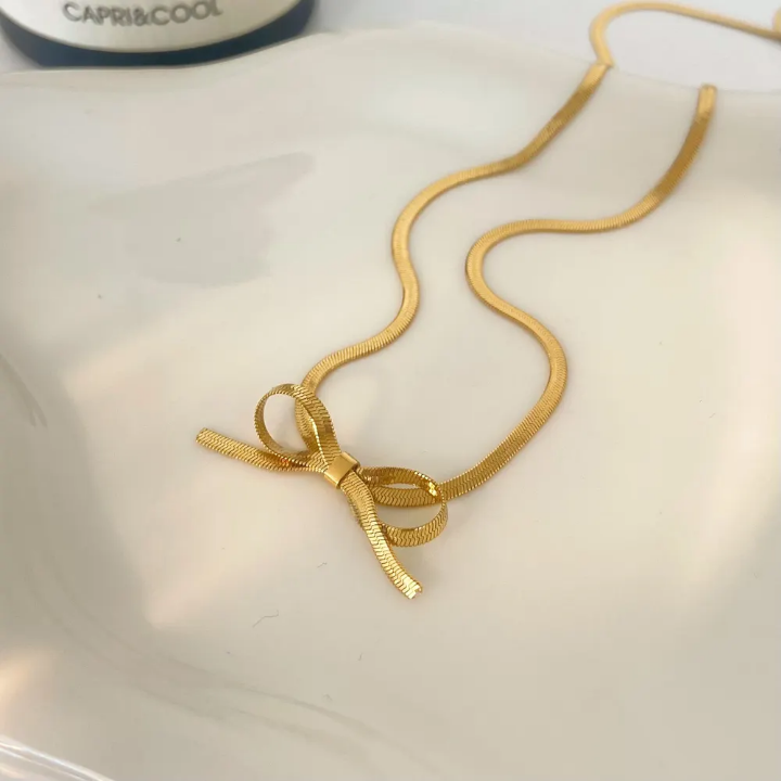Luxe Ribbon Bow Herringbone Necklace