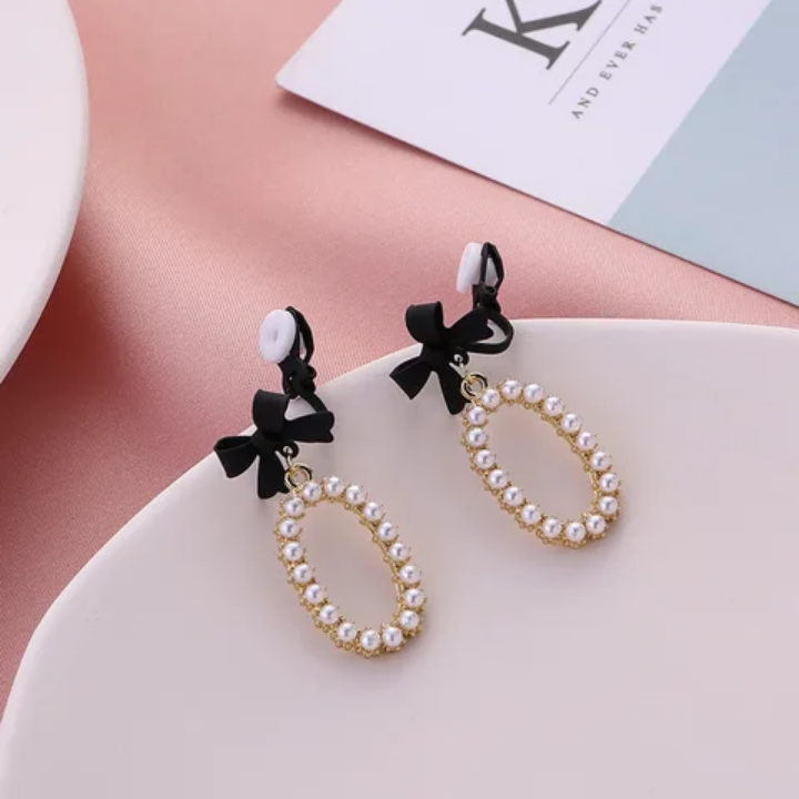 Midnight Bow Pearl Loop Earrings