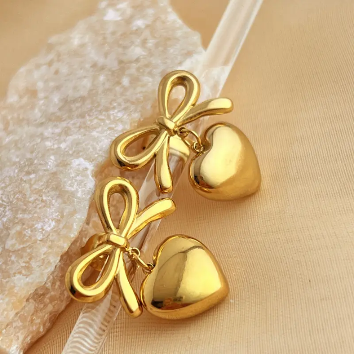 Golden Bow Charm Heart Earrings