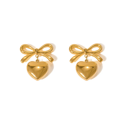 Golden Bow Charm Heart Earrings