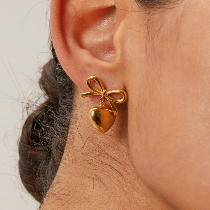 Golden Bow Charm Heart Earrings