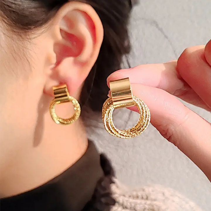 Golden Loop Textured Drop Earrings