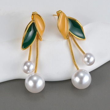 Emerald Leaf Pearl Drop Earrings