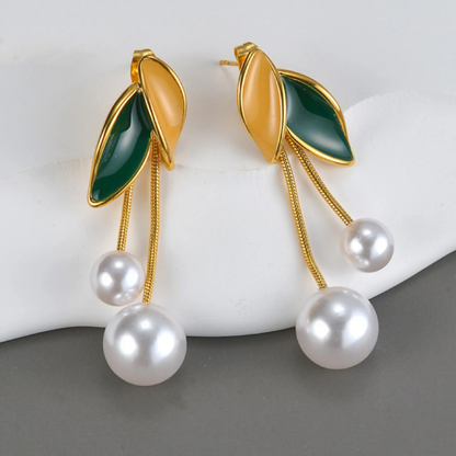 Emerald Leaf Pearl Drop Earrings
