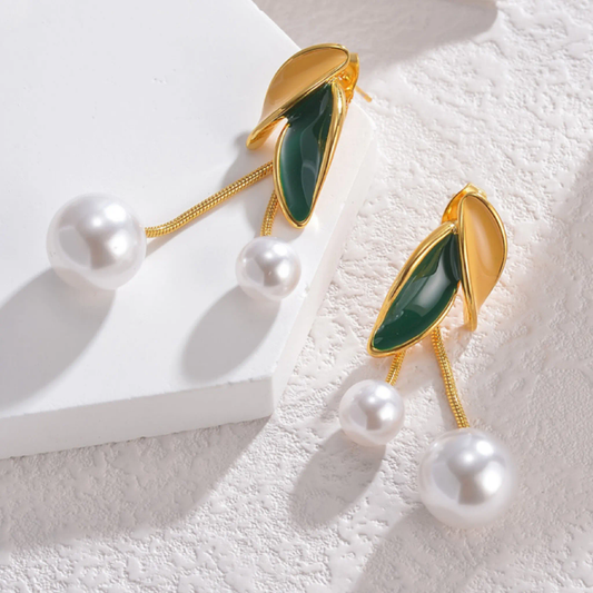 Emerald Leaf Pearl Drop Earrings