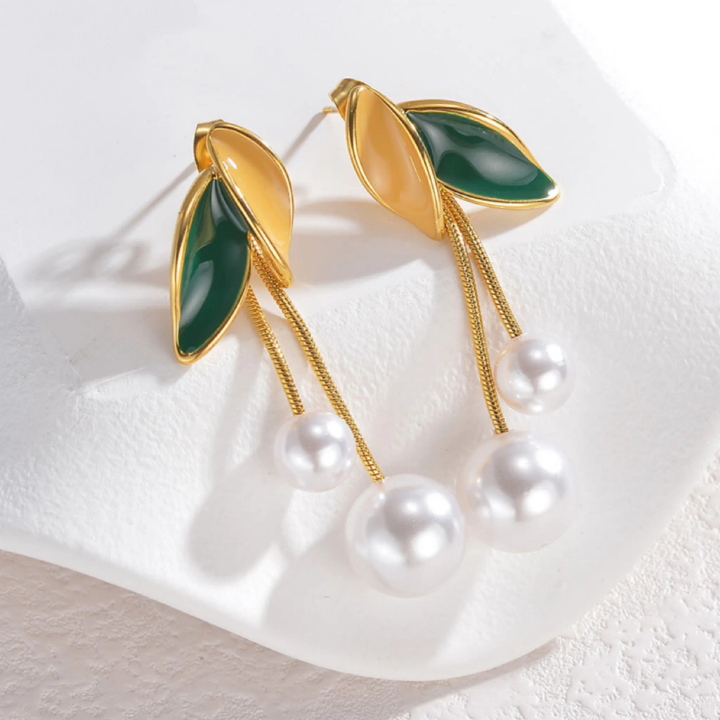 Emerald Leaf Pearl Drop Earrings