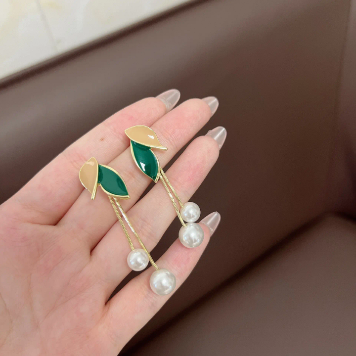 Emerald Leaf Pearl Drop Earrings