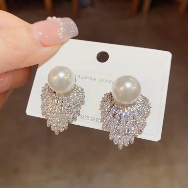 Silver Regal Pearl Fan Earrings