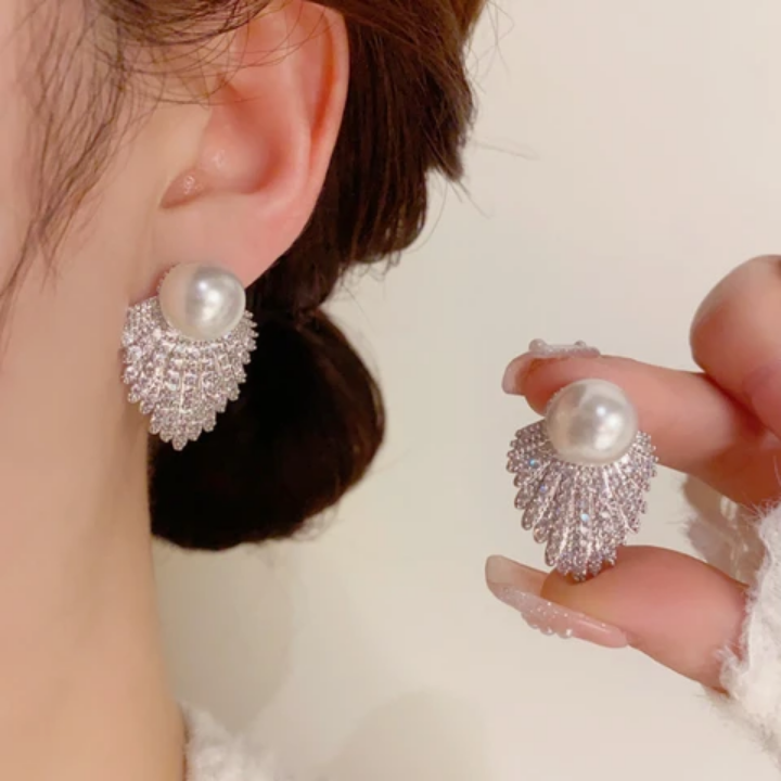 Silver Regal Pearl Fan Earrings