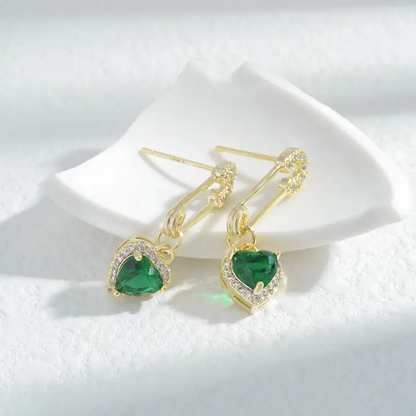 Emerald Heart Charm Pin Earrings