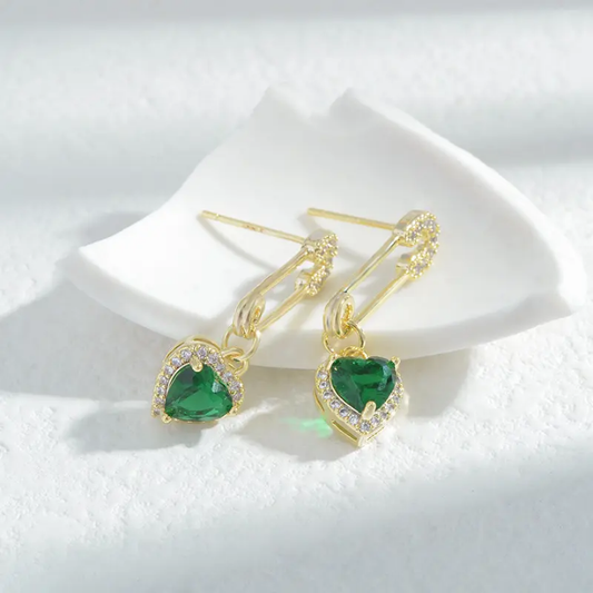 Emerald Heart Charm Pin Earrings