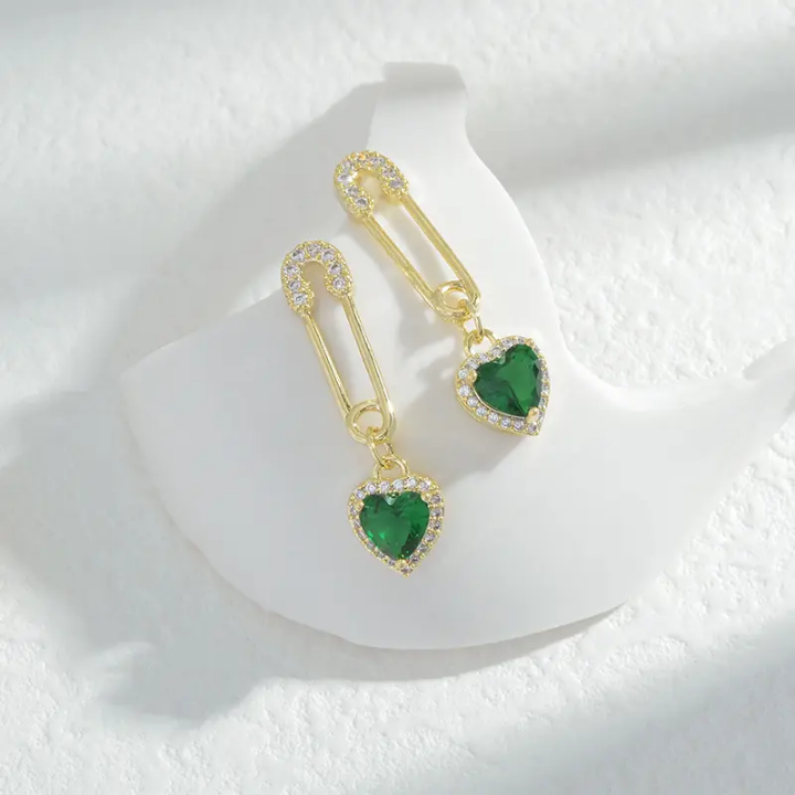 Emerald Heart Charm Pin Earrings
