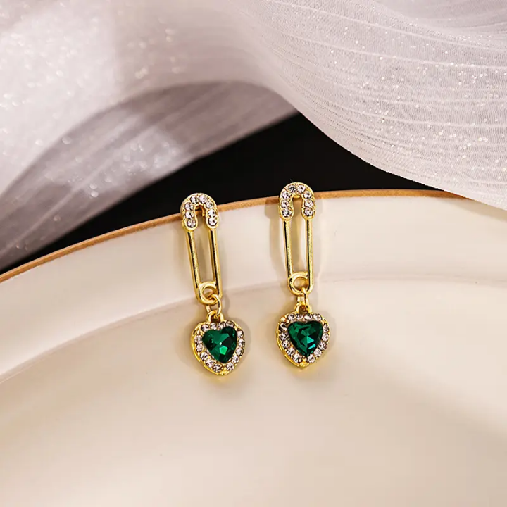 Emerald Heart Charm Pin Earrings
