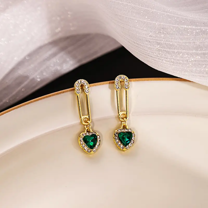Emerald Heart Charm Pin Earrings