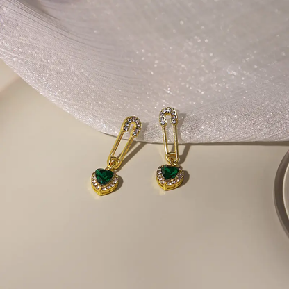 Emerald Heart Charm Pin Earrings