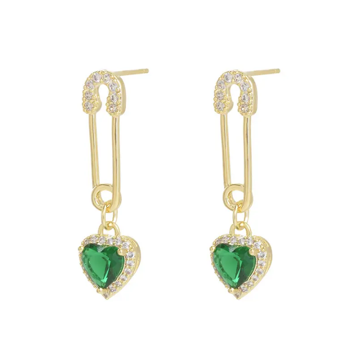 Emerald Heart Charm Pin Earrings