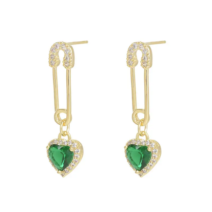 Emerald Heart Charm Pin Earrings