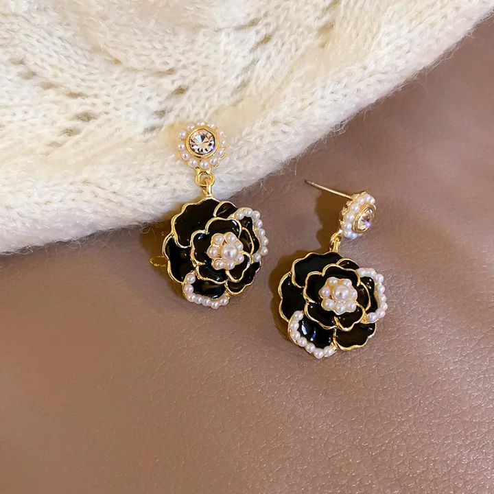 Noir Bloom Pearl Drop Earrings