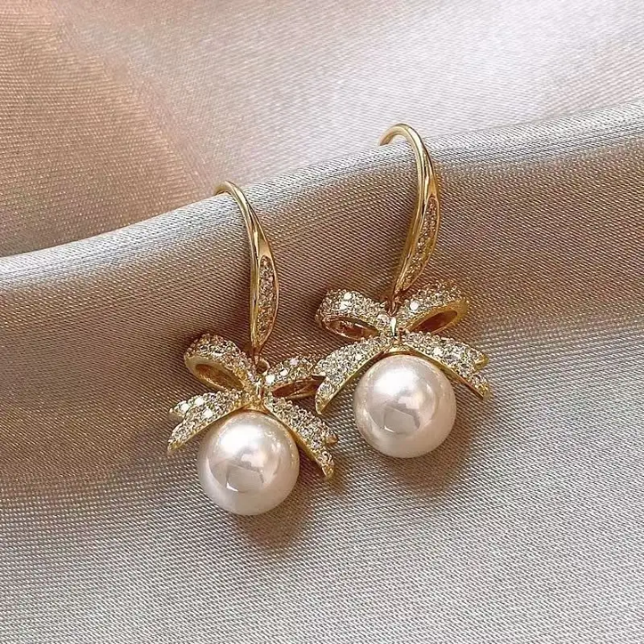 Luxe Bow Pearl Drop Earrings