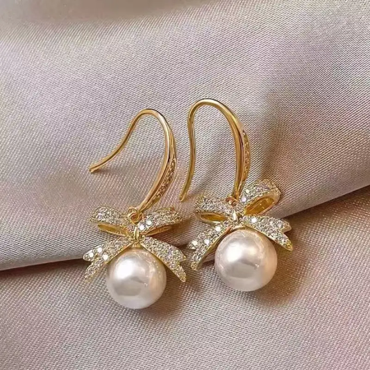 Luxe Bow Pearl Drop Earrings