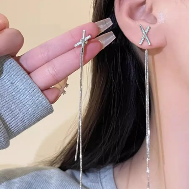 Silver Luxe Cross-Line Drop Earrings