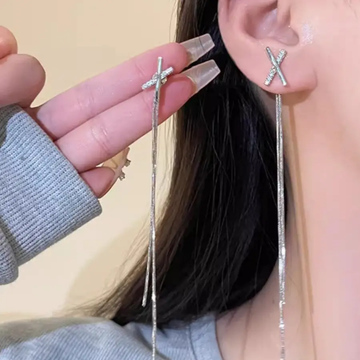 Silver Luxe Cross-Line Drop Earrings