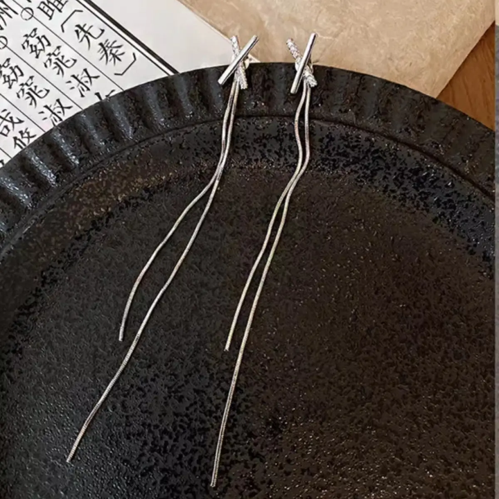 Silver Luxe Cross-Line Drop Earrings