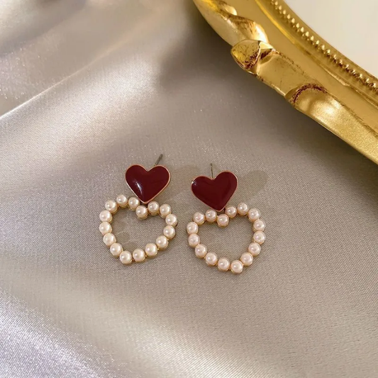 Crimson Pearl Heart Drop Earrings