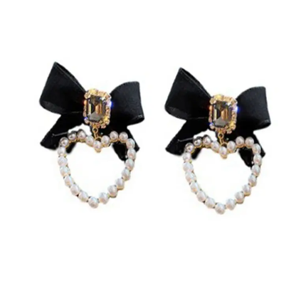 Midnight Bow Pearl Heart Earrings