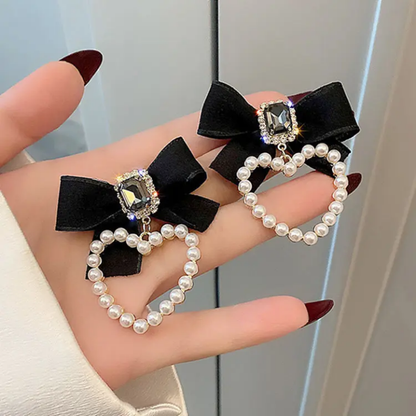 Midnight Bow Pearl Heart Earrings