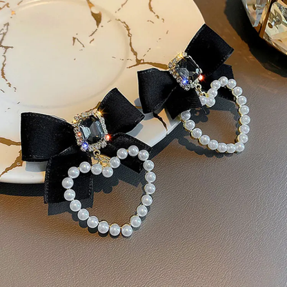 Midnight Bow Pearl Heart Earrings