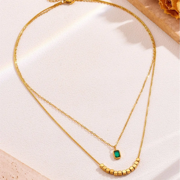 Layered Curve Bead Necklace with Emerald-Cut Pendant