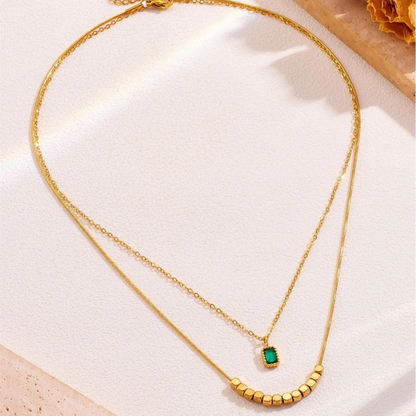 Layered Curve Bead Necklace with Emerald-Cut Pendant