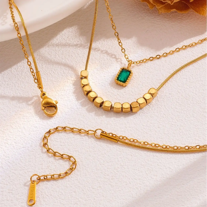 Layered Curve Bead Necklace with Emerald-Cut Pendant