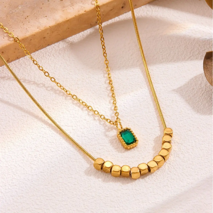 Layered Curve Bead Necklace with Emerald-Cut Pendant