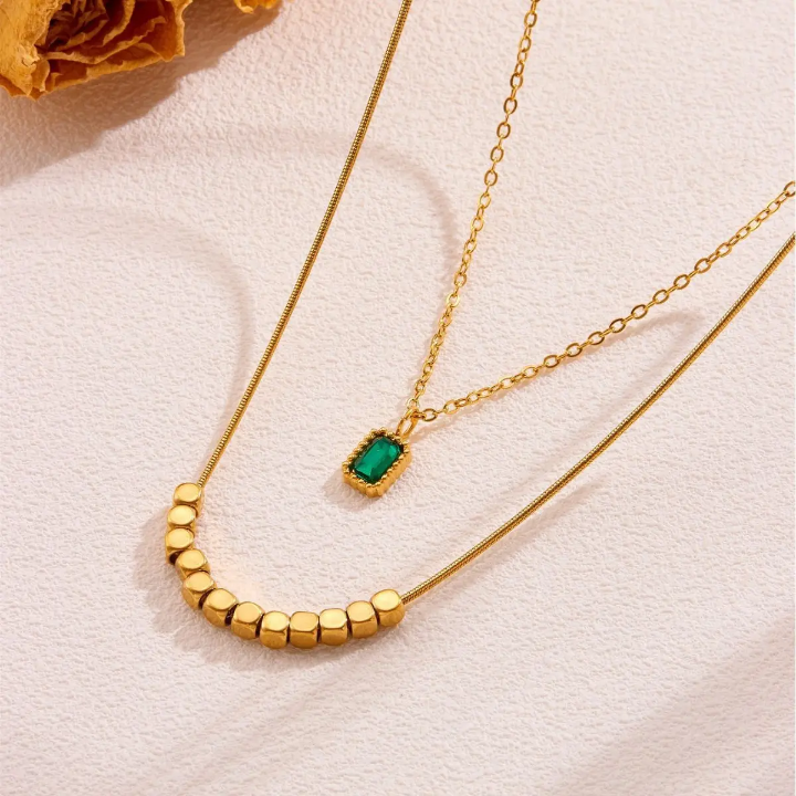 Layered Curve Bead Necklace with Emerald-Cut Pendant