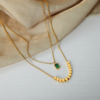 Layered Curve Bead Necklace with Emerald-Cut Pendant