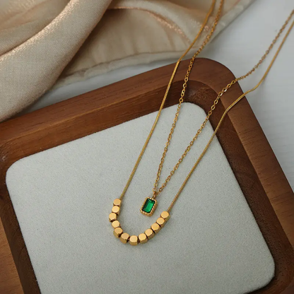 Layered Curve Bead Necklace with Emerald-Cut Pendant