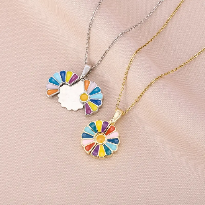 Rainbow Enamel Daisy Pendant Necklace