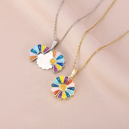 Rainbow Enamel Daisy Pendant Necklace