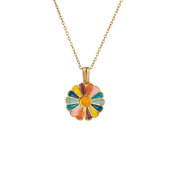 Rainbow Enamel Daisy Pendant Necklace